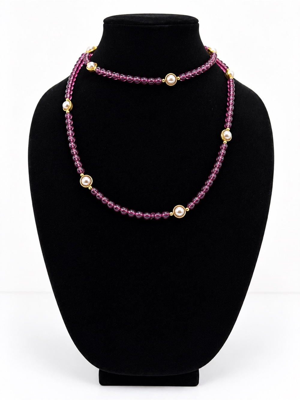 Purple Beaded Faux Pearl Gold Tone Long Layering Necklace